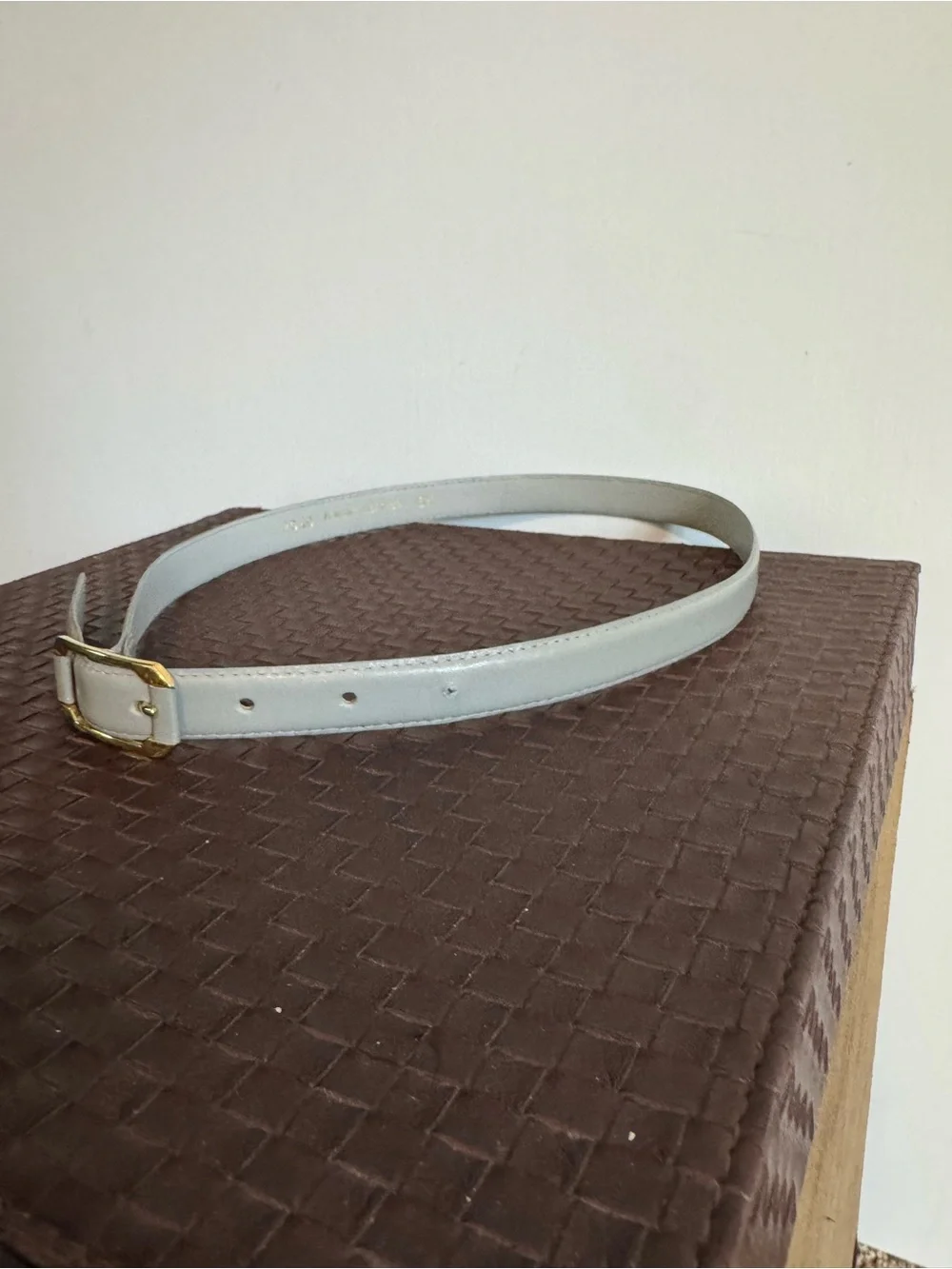 Light Gray Leather Belt with Gold Buckle - Women's Accessory